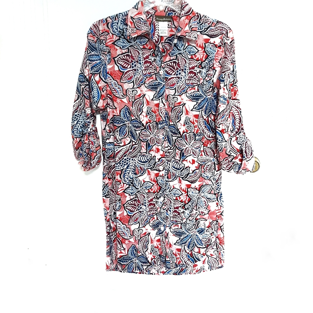 TOMMY BAHAMA Floral Cotton Dress Shirt Blue Red S